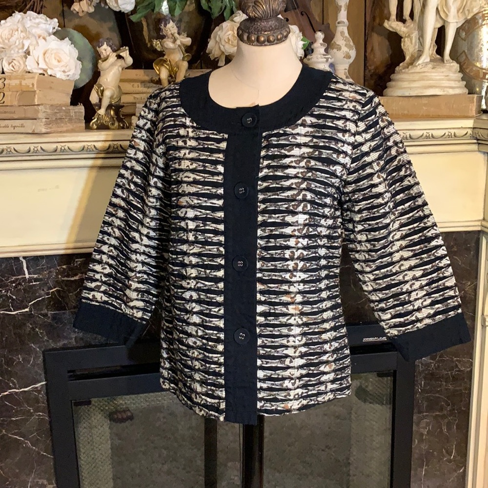 Chico’s black brown 3/4th inch sleeves animal print jacket